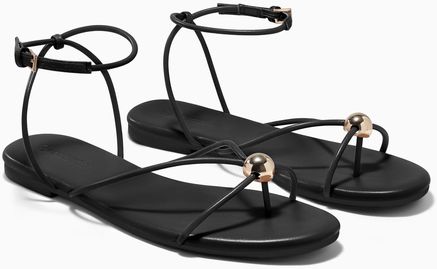 image:imageCoutgo Womens Strappy Flat Sandals Open Toe Flip Flops Sandals Ankle Strap Summer Beach ShoesBlack