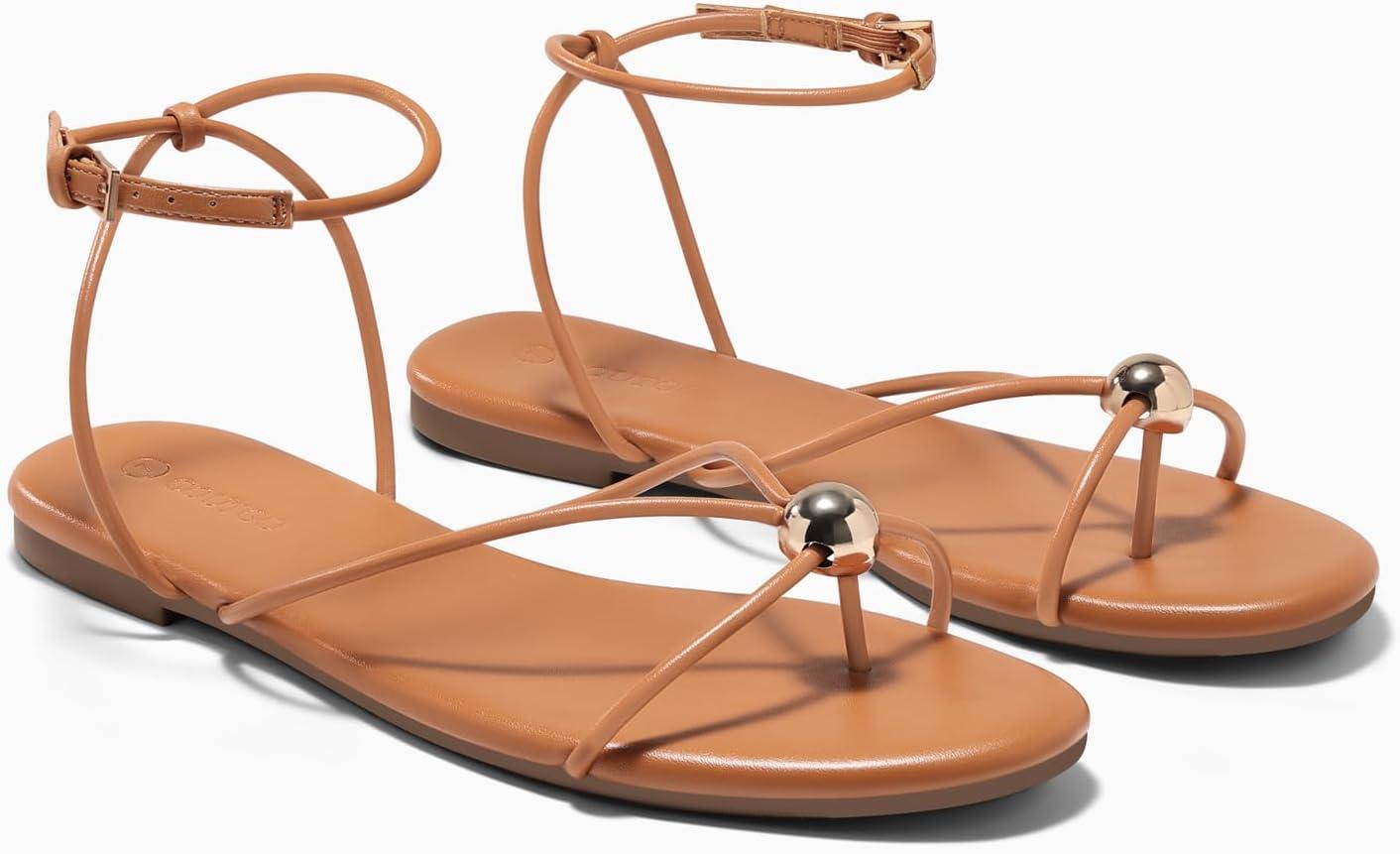 image:imageCoutgo Womens Strappy Flat Sandals Open Toe Flip Flops Sandals Ankle Strap Summer Beach ShoesBrown