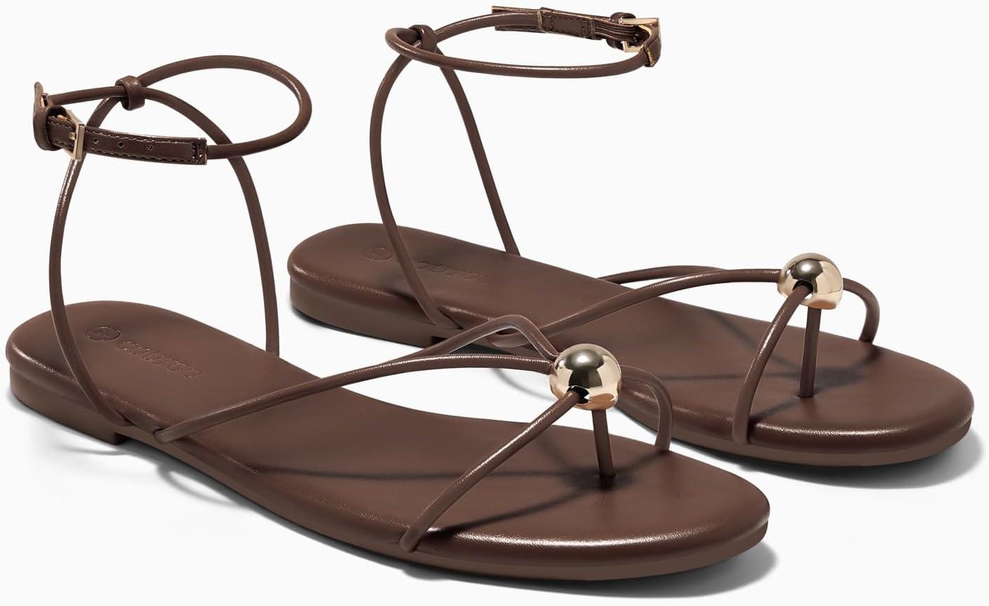 image:imageCoutgo Womens Strappy Flat Sandals Open Toe Flip Flops Sandals Ankle Strap Summer Beach ShoesCoffee