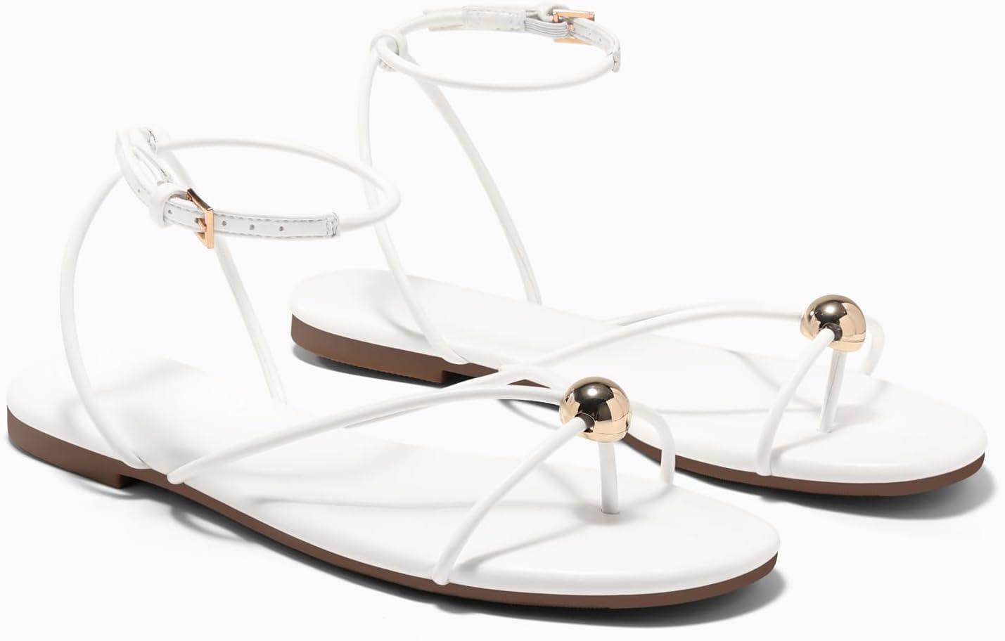 image:imageCoutgo Womens Strappy Flat Sandals Open Toe Flip Flops Sandals Ankle Strap Summer Beach ShoesWhite