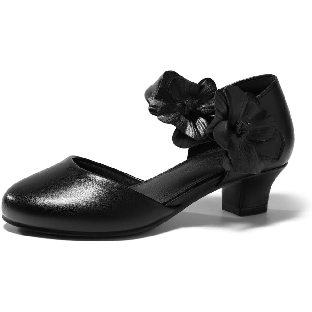 image:imageCoutgo Girls Dress Shoes Closed Toe Low Chunky Heels Flower Slip On Party Princess Pumps for Toddler Little Big KidsBlack