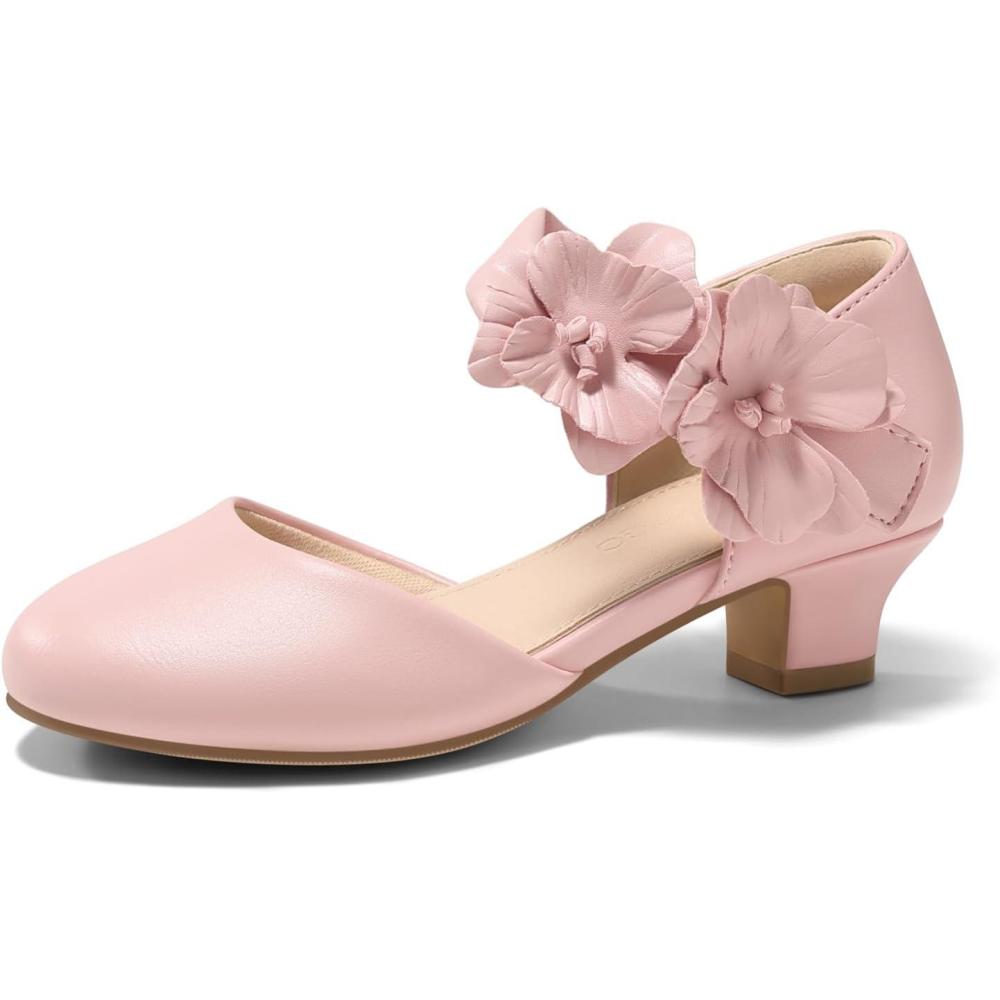 image:imageCoutgo Girls Dress Shoes Closed Toe Low Chunky Heels Flower Slip On Party Princess Pumps for Toddler Little Big KidsPink