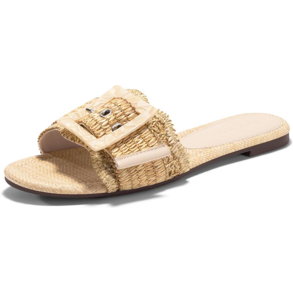 image:imageCoutgo Womens Flat Sandals Raffia Slip On Slide Sandal Square Open Toe Buckle Summer Beach Shoes FlatsApricot