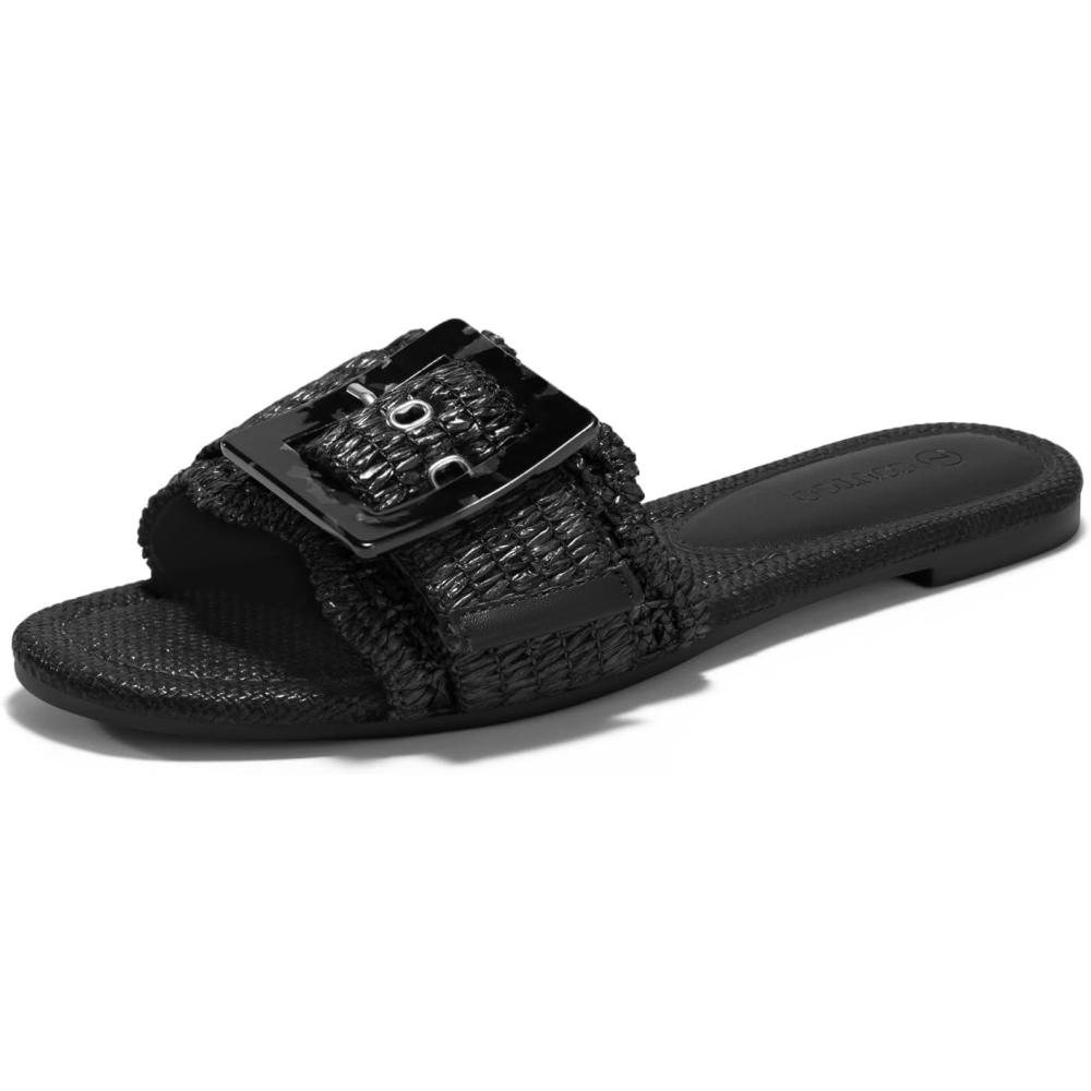 image:imageCoutgo Womens Flat Sandals Raffia Slip On Slide Sandal Square Open Toe Buckle Summer Beach Shoes FlatsBlack