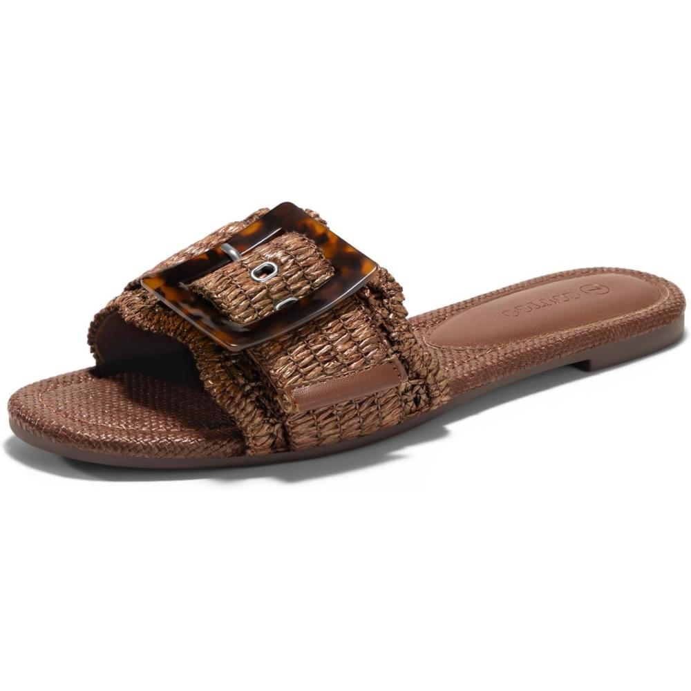 image:imageCoutgo Womens Flat Sandals Raffia Slip On Slide Sandal Square Open Toe Buckle Summer Beach Shoes FlatsBrown