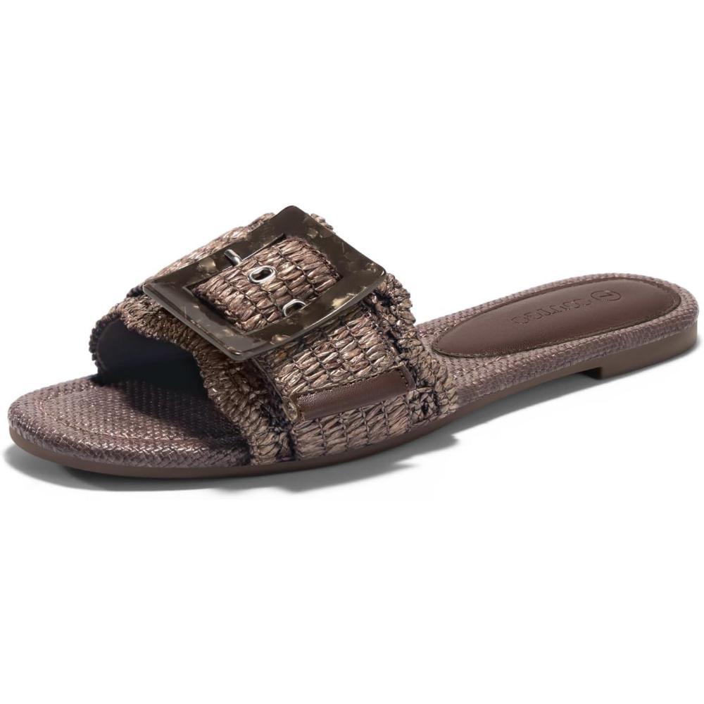image:imageCoutgo Womens Flat Sandals Raffia Slip On Slide Sandal Square Open Toe Buckle Summer Beach Shoes FlatsCoffee