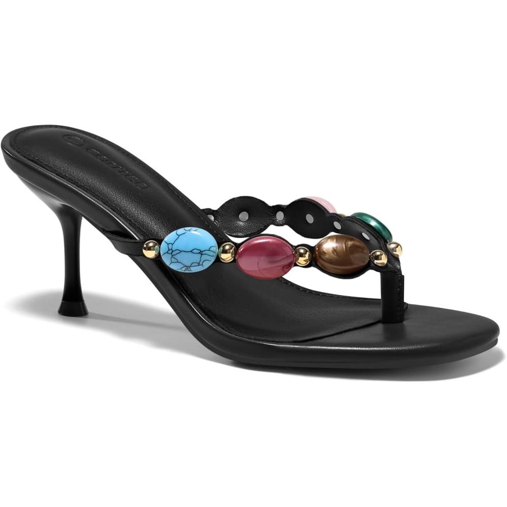 image:imageCoutgo Womens Kitten Heels Jeweled Thong Sandals Boho Open Toe Flip Flop Slip On Slides Summer Vacation Beach ShoesBlack