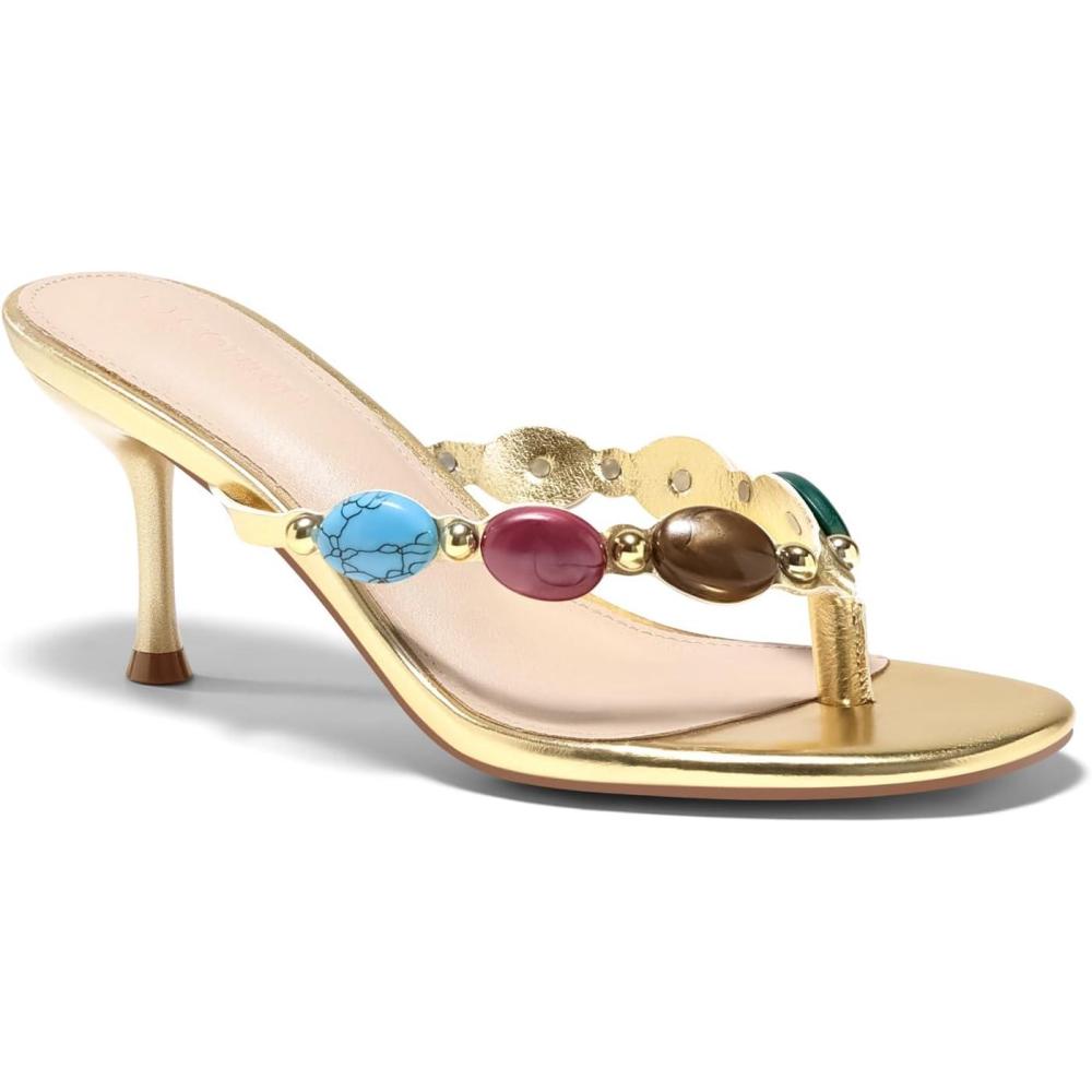 image:imageCoutgo Womens Kitten Heels Jeweled Thong Sandals Boho Open Toe Flip Flop Slip On Slides Summer Vacation Beach ShoesGold