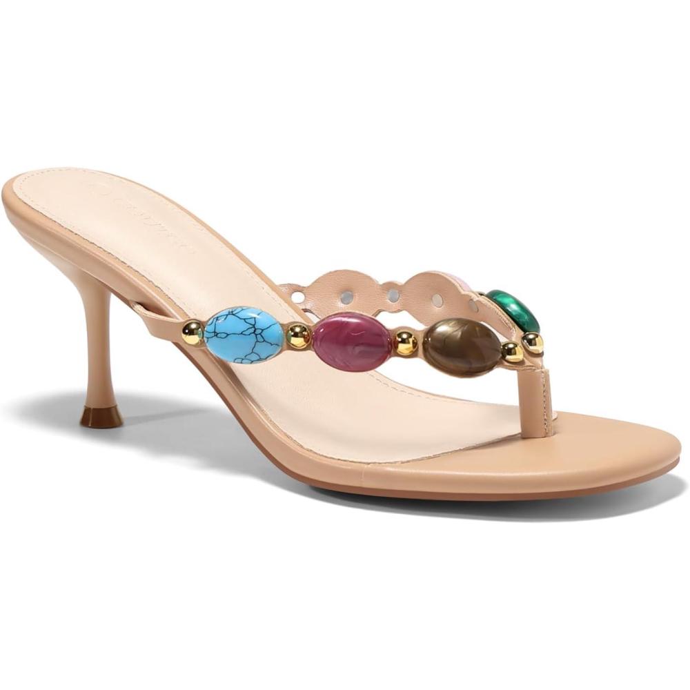 image:imageCoutgo Womens Kitten Heels Jeweled Thong Sandals Boho Open Toe Flip Flop Slip On Slides Summer Vacation Beach ShoesKhaki