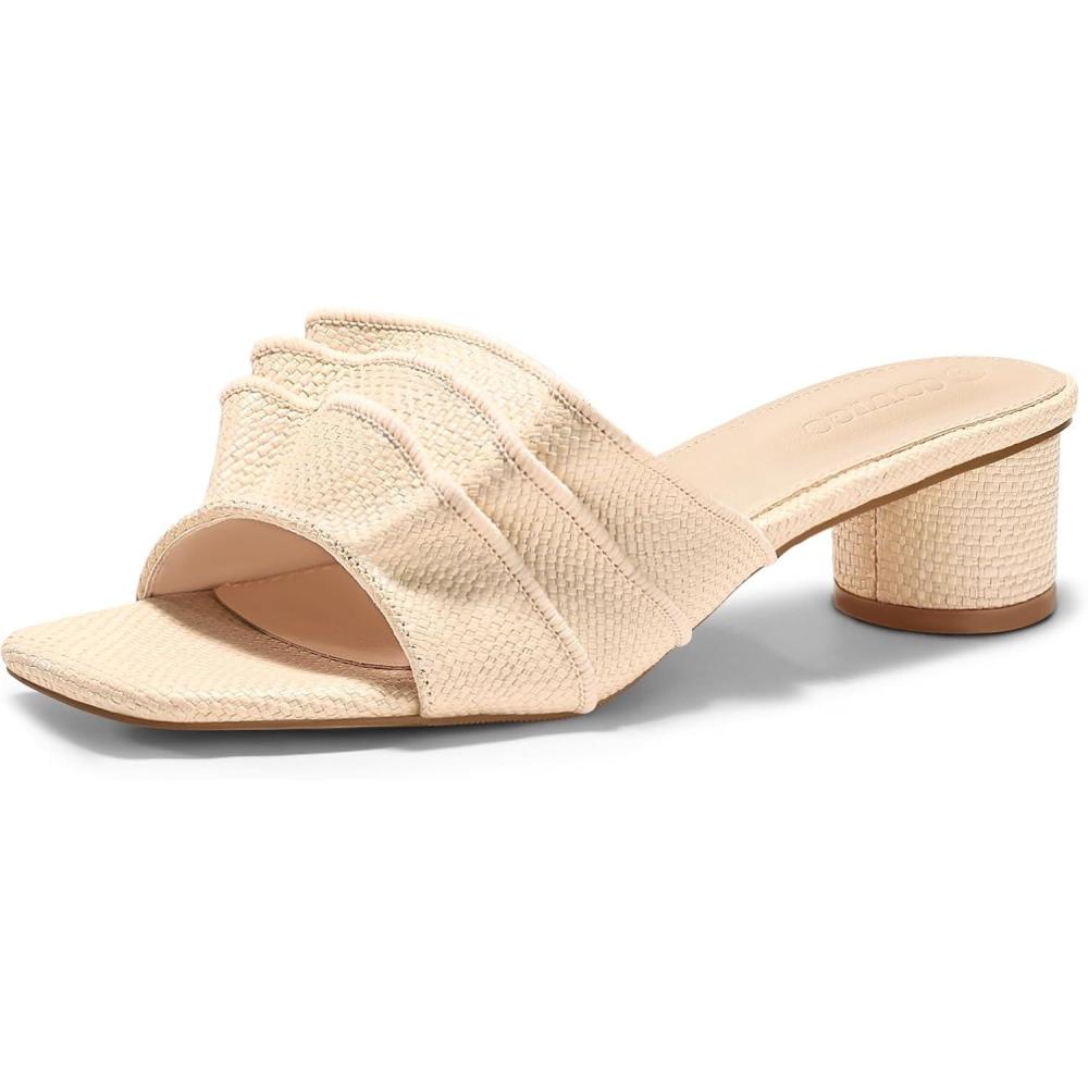 image:imageCoutgo Womens Raffia Chunky Low Heels Sandals Square Open Toe Mules Ruffle Slip On Summer Dress ShoesRaffia Beige