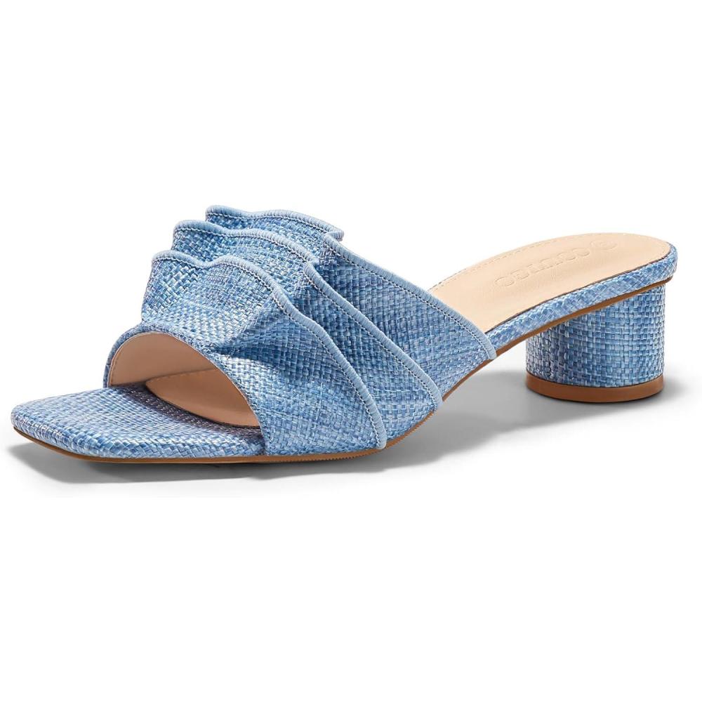 image:imageCoutgo Womens Raffia Chunky Low Heels Sandals Square Open Toe Mules Ruffle Slip On Summer Dress ShoesRaffia Blue