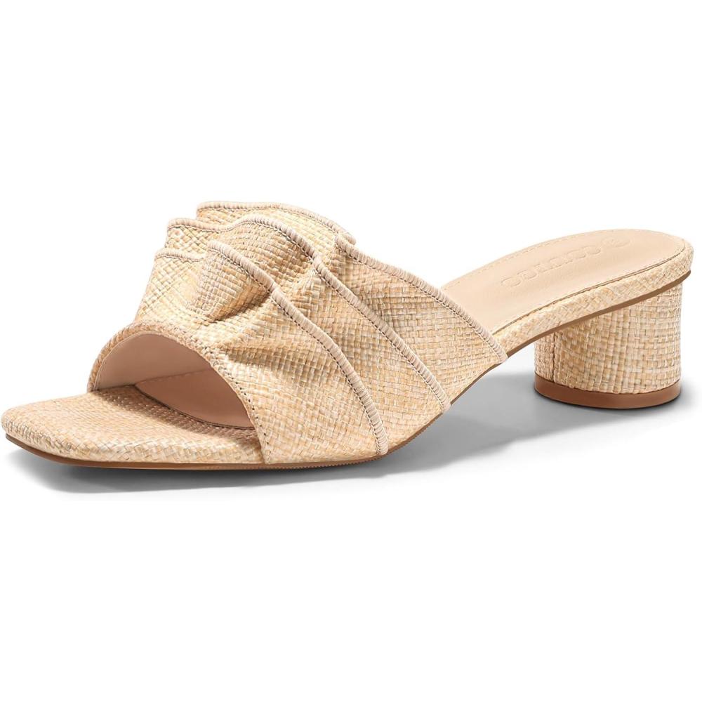 image:imageCoutgo Womens Raffia Chunky Low Heels Sandals Square Open Toe Mules Ruffle Slip On Summer Dress ShoesRaffia Khaki