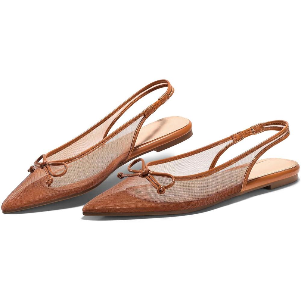 image:imageCoutgo Womens Slingback Flats Bow Closed Pointed Toe Mesh Ballet Flats Low Heel Sandals Dress ShoesBrown