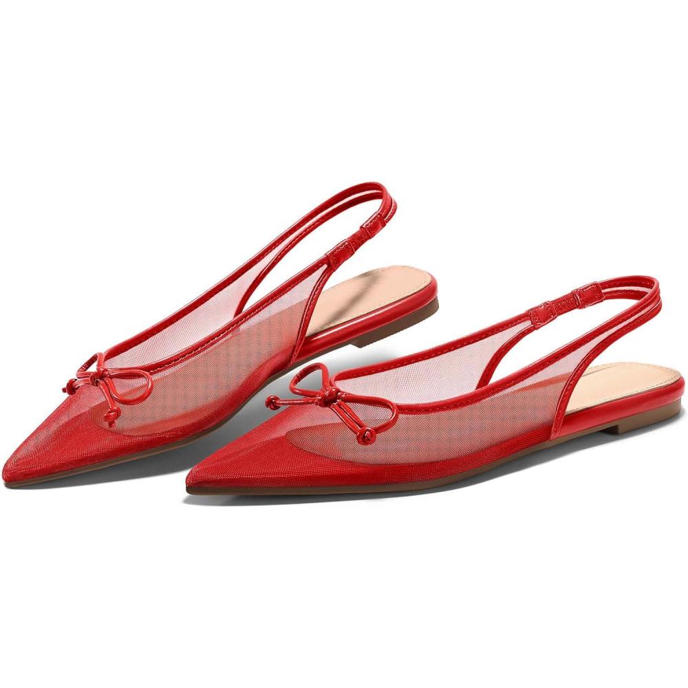 image:imageCoutgo Womens Slingback Flats Bow Closed Pointed Toe Mesh Ballet Flats Low Heel Sandals Dress ShoesRed