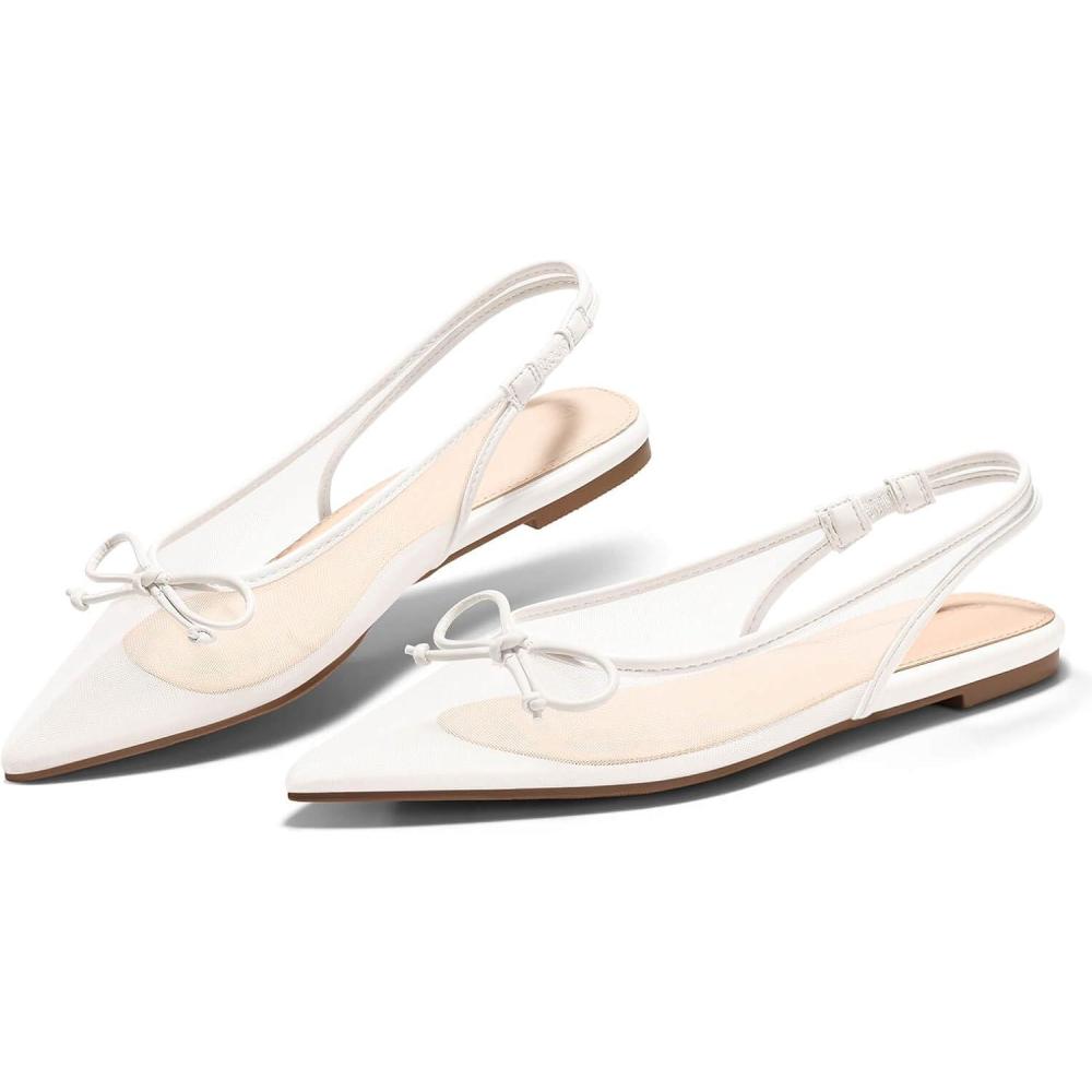 image:imageCoutgo Womens Slingback Flats Bow Closed Pointed Toe Mesh Ballet Flats Low Heel Sandals Dress ShoesWhite