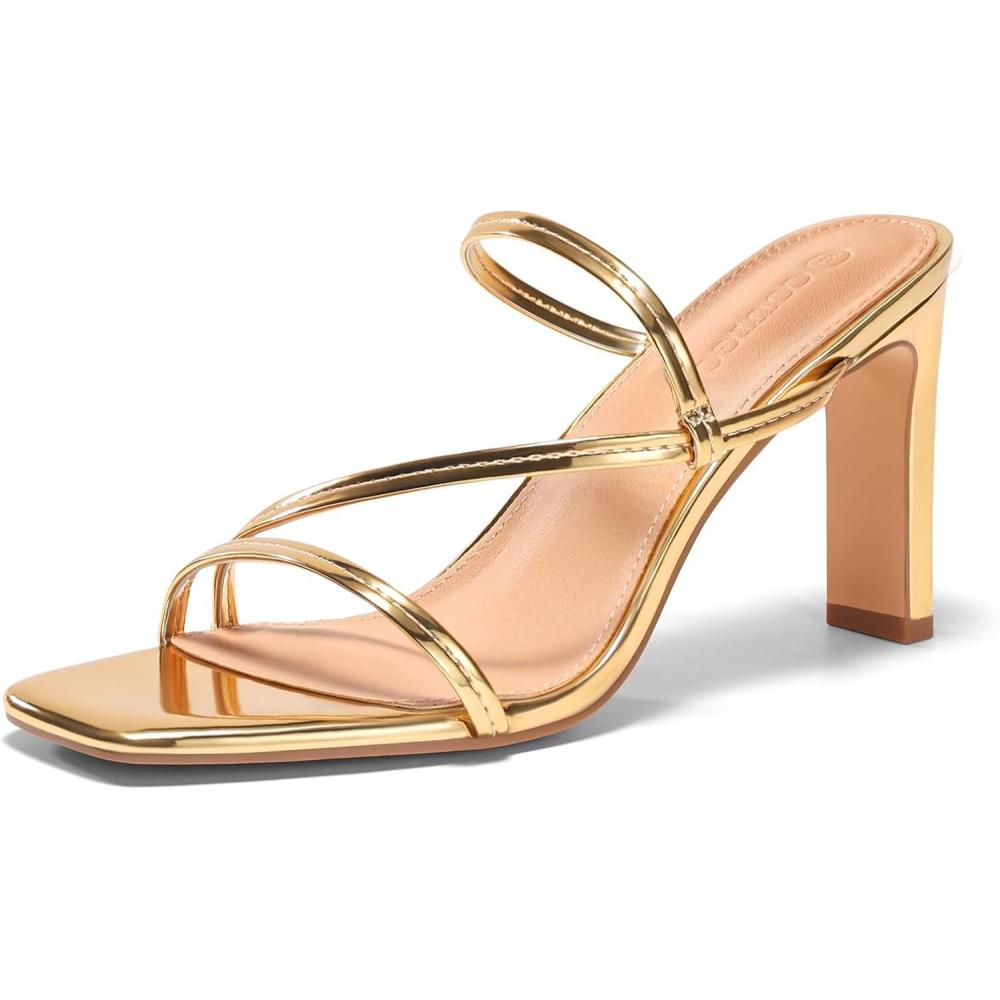 image:imageCoutgo Womens Strappy Chunky Heels Sandals Square Open Toe Slide Sandals Slip On Summer Dress ShoesGold
