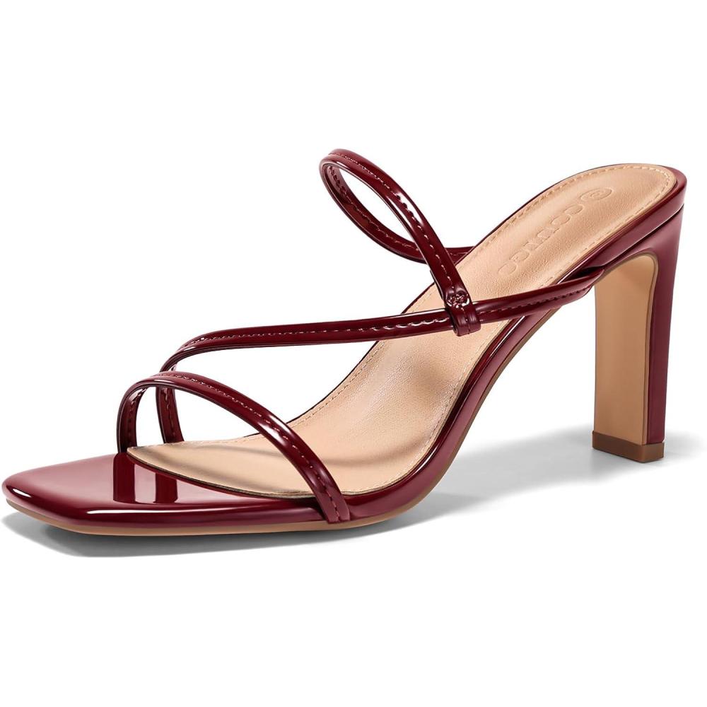 image:imageCoutgo Womens Strappy Chunky Heels Sandals Square Open Toe Slide Sandals Slip On Summer Dress ShoesWine Red
