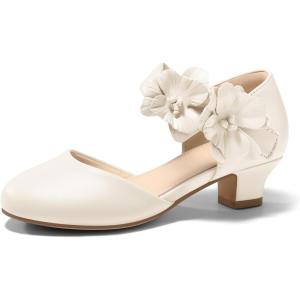 Coutgo Girls Dress Shoes Closed Toe Low Chunky Heels Flower Slip On Party Princess Pumps for Toddler Little Big Kids(Beige)