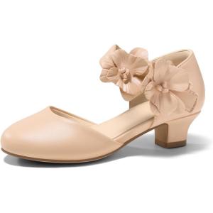 Coutgo Girls Dress Shoes Closed Toe Low Chunky Heels Flower Slip On Party Princess Pumps for Toddler Little Big Kids(Light Khaki)