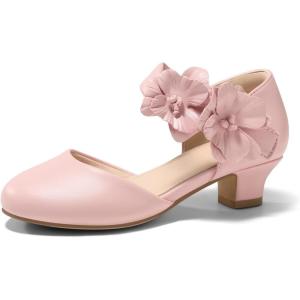 Coutgo Girls Dress Shoes Closed Toe Low Chunky Heels Flower Slip On Party Princess Pumps for Toddler Little Big Kids(Pink)