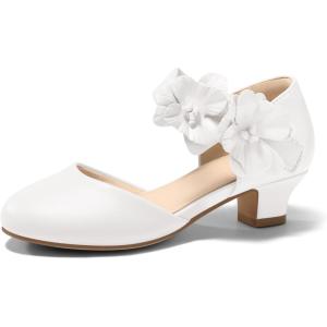 Coutgo Girls Dress Shoes Closed Toe Low Chunky Heels Flower Slip On Party Princess Pumps for Toddler Little Big Kids(White)