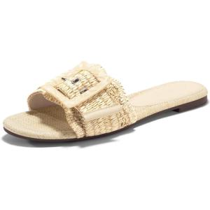Coutgo Womens Flat Sandals Raffia Slip On Slide Sandal Square Open Toe Buckle Summer Beach Shoes Flats(Beige)