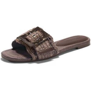 Coutgo Womens Flat Sandals Raffia Slip On Slide Sandal Square Open Toe Buckle Summer Beach Shoes Flats(Coffee)