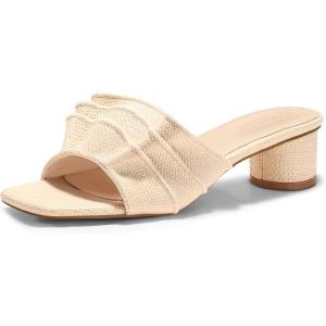Coutgo Womens Raffia Chunky Low Heels Sandals Square Open Toe Mules Ruffle Slip On Summer Dress Shoes(Raffia Beige)