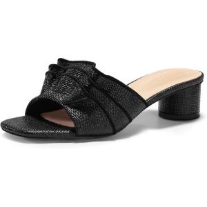 Coutgo Womens Raffia Chunky Low Heels Sandals Square Open Toe Mules Ruffle Slip On Summer Dress Shoes(Raffia Black)