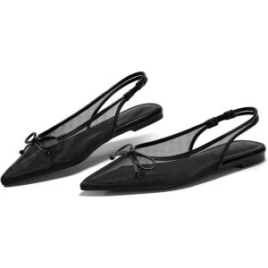 Coutgo Womens Slingback Flats Bow Closed Pointed Toe Mesh Ballet Flats Low Heel Sandals Dress Shoes(Black)