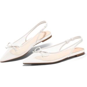 Coutgo Womens Slingback Flats Bow Closed Pointed Toe Mesh Ballet Flats Low Heel Sandals Dress Shoes(White)