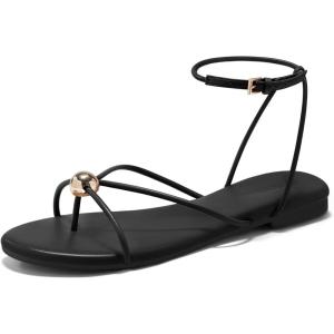 Coutgo Womens Strappy Flat Sandals Open Toe Flip Flops Sandals Ankle Strap Summer Beach Shoes(Black)