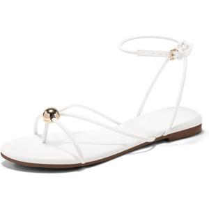 Coutgo Womens Strappy Flat Sandals Open Toe Flip Flops Sandals Ankle Strap Summer Beach Shoes(White)