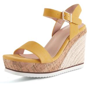 Women’s Espadrille Wedge Platform Sandals Open Toe Ankle Buckle Strap Casual Summer Shoes(Yellow)