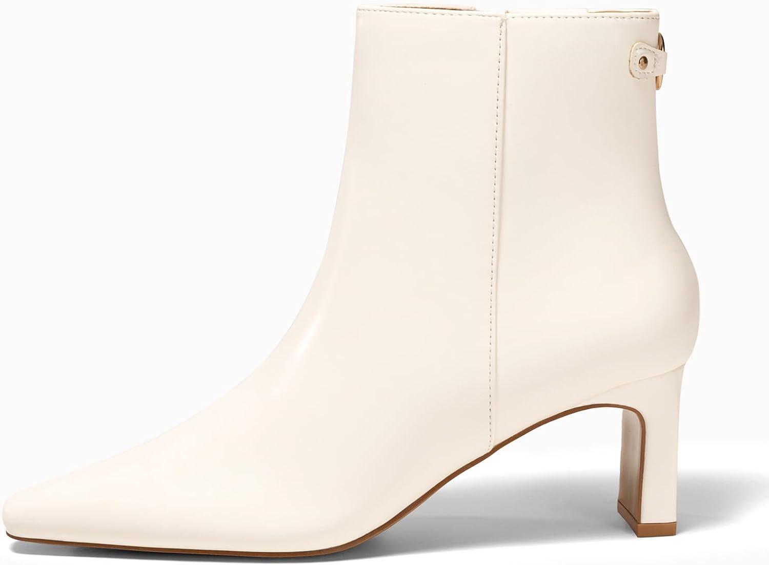 image:imageCoutgo Womens Ankle Boots Chunky Heel Closed Toe Booties Side Zipper Winter Dress ShoesBeige