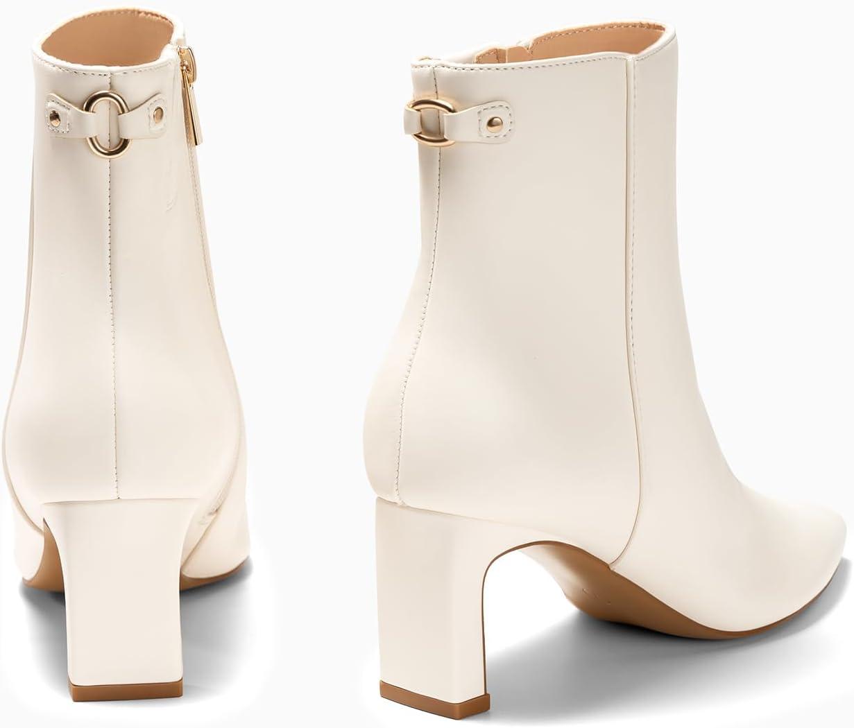 image:imageCoutgo Womens Ankle Boots Chunky Heel Closed Toe Booties Side Zipper Winter Dress ShoesBeige