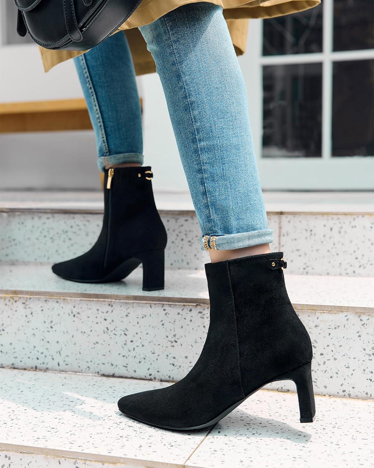 image:imageCoutgo Womens Ankle Boots Chunky Heel Closed Toe Booties Side Zipper Winter Dress ShoesBlack