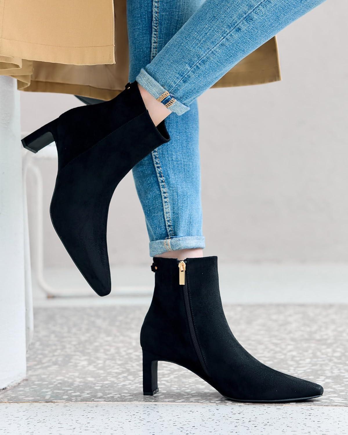 image:imageCoutgo Womens Ankle Boots Chunky Heel Closed Toe Booties Side Zipper Winter Dress ShoesBlack