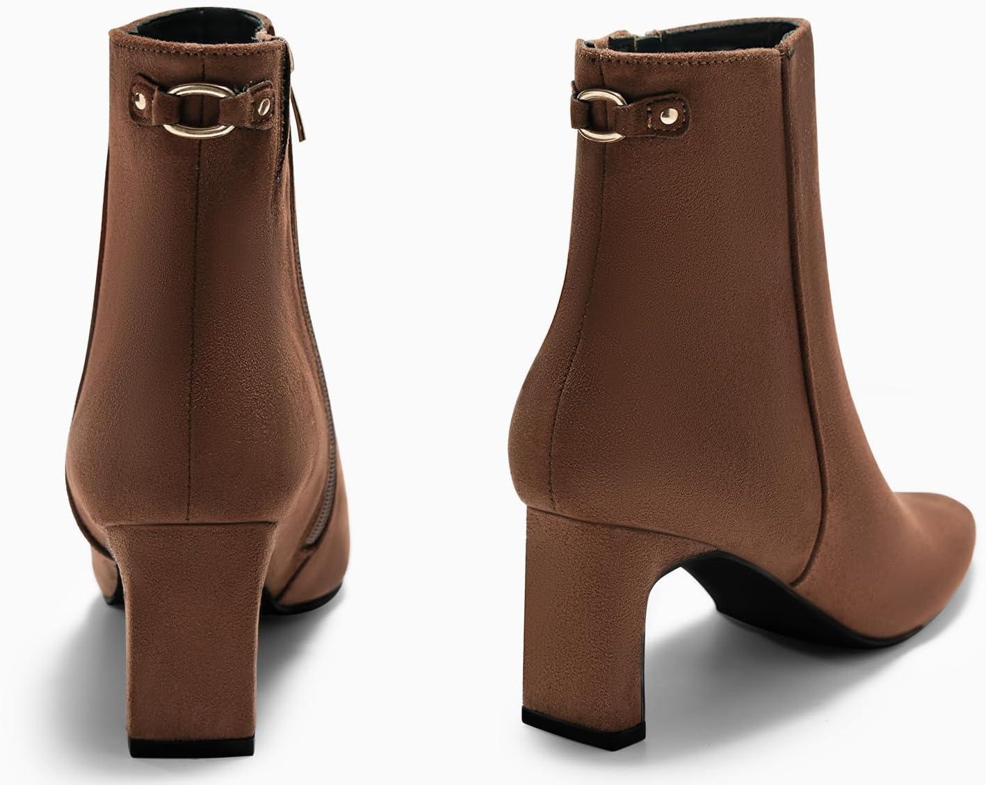 image:imageCoutgo Womens Ankle Boots Chunky Heel Closed Toe Booties Side Zipper Winter Dress ShoesCoffee