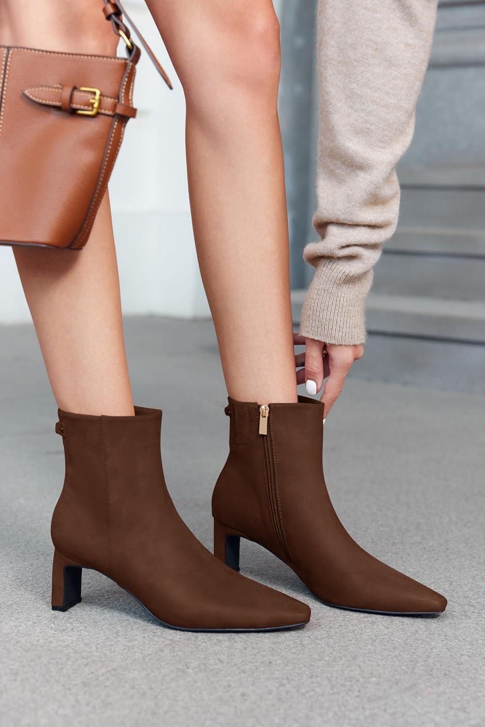 image:imageCoutgo Womens Ankle Boots Chunky Heel Closed Toe Booties Side Zipper Winter Dress ShoesCoffee