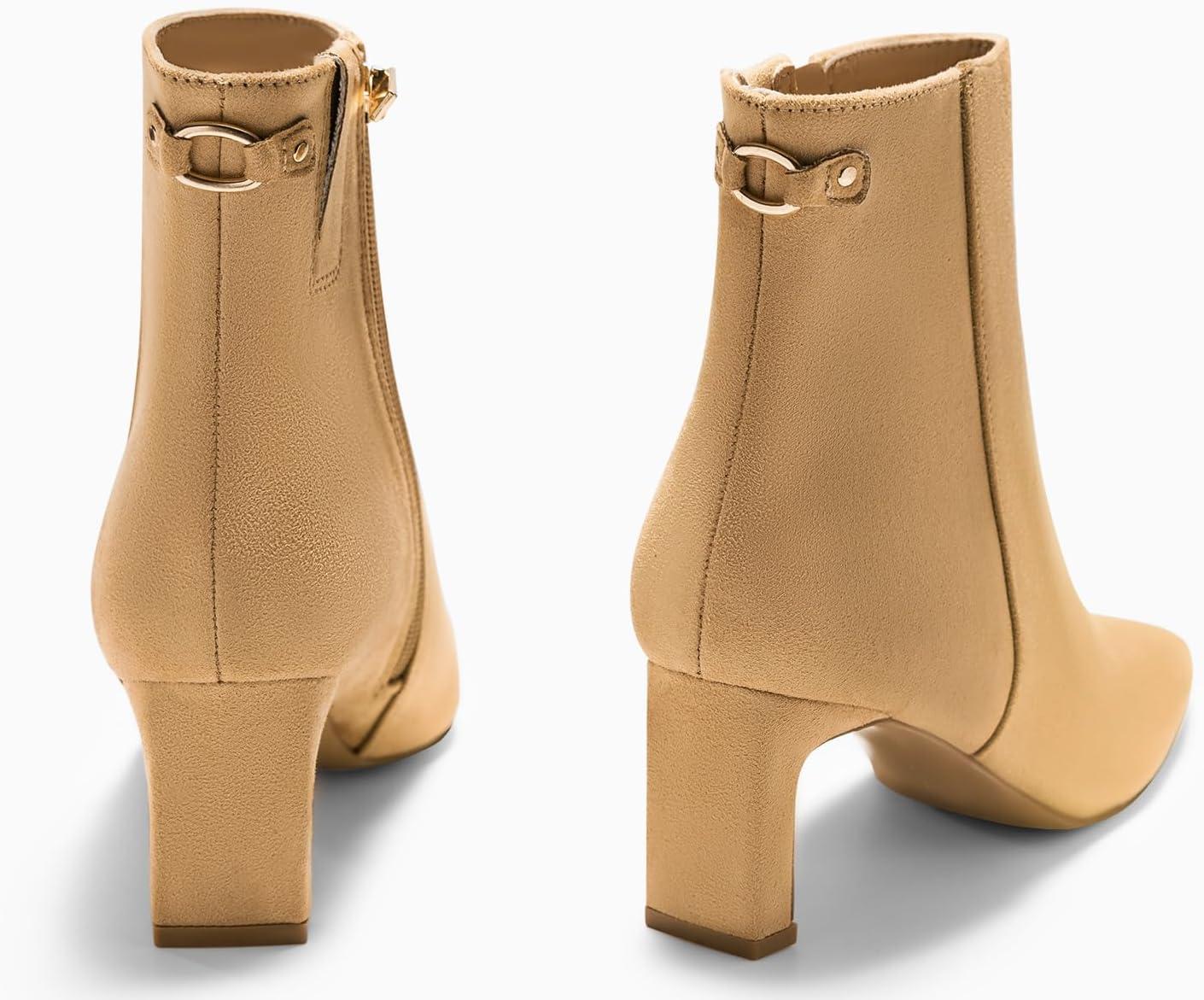 image:imageCoutgo Womens Ankle Boots Chunky Heel Closed Toe Booties Side Zipper Winter Dress ShoesKhaki