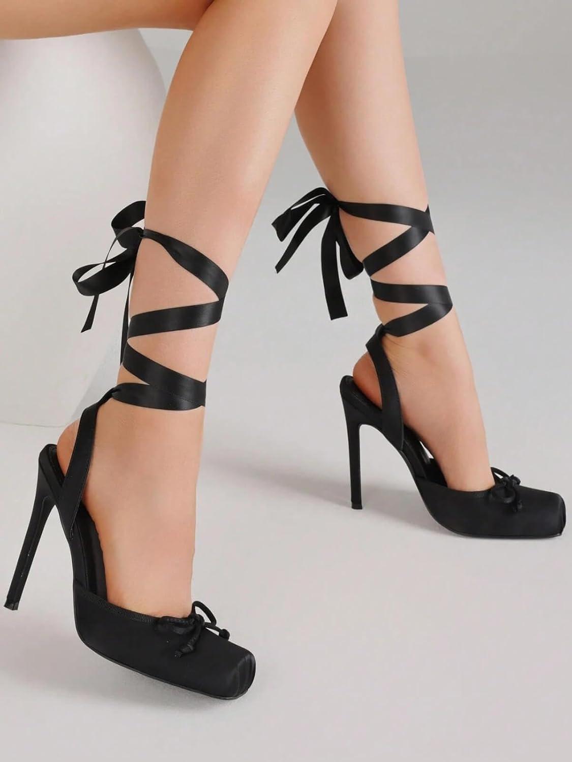 image:imageCoutgo Womens Ballet High Heels Satin Closed Square Toe Ballerina Heels Lace Up Bow Pumps Prom ShoesBlack