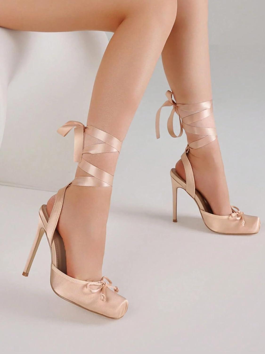 image:imageCoutgo Womens Ballet High Heels Satin Closed Square Toe Ballerina Heels Lace Up Bow Pumps Prom ShoesNude Pink