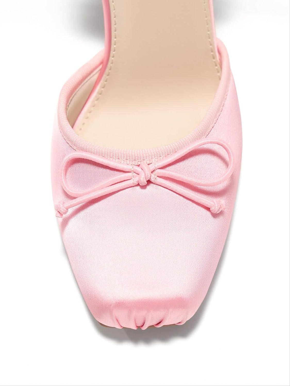 image:imageCoutgo Womens Ballet High Heels Satin Closed Square Toe Ballerina Heels Lace Up Bow Pumps Prom ShoesPink