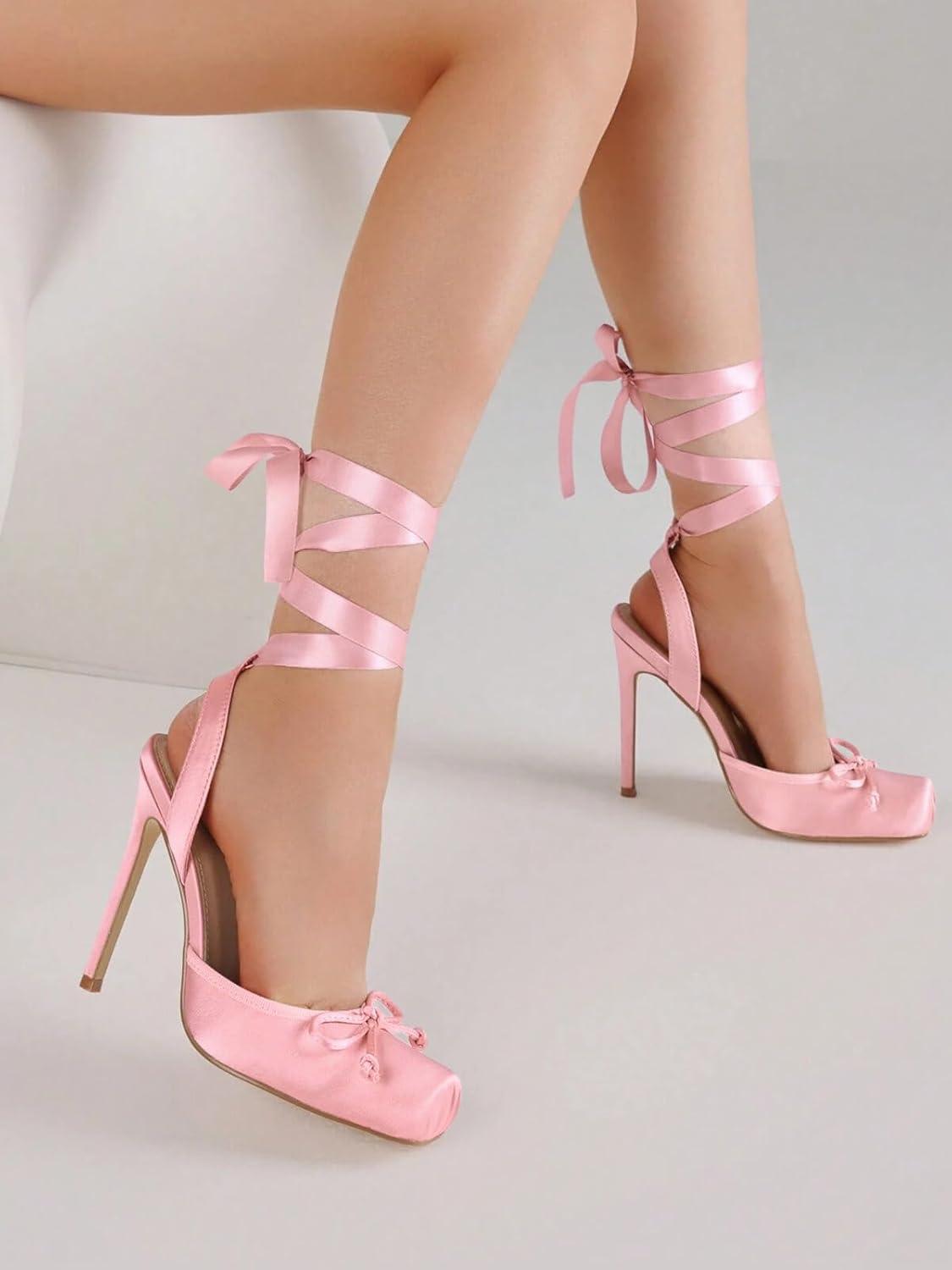 image:imageCoutgo Womens Ballet High Heels Satin Closed Square Toe Ballerina Heels Lace Up Bow Pumps Prom ShoesPink