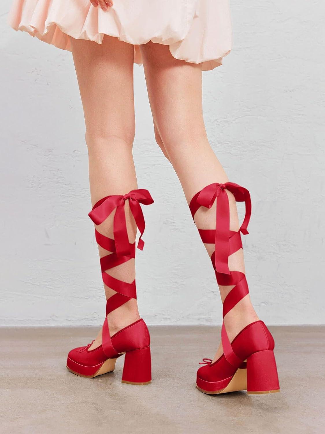 image:imageCoutgo Womens Lace Up Heels Platform Chunky High Heel Pumps Bow Closed Square Toe Party Ballet Dress Shoes Red Size 9