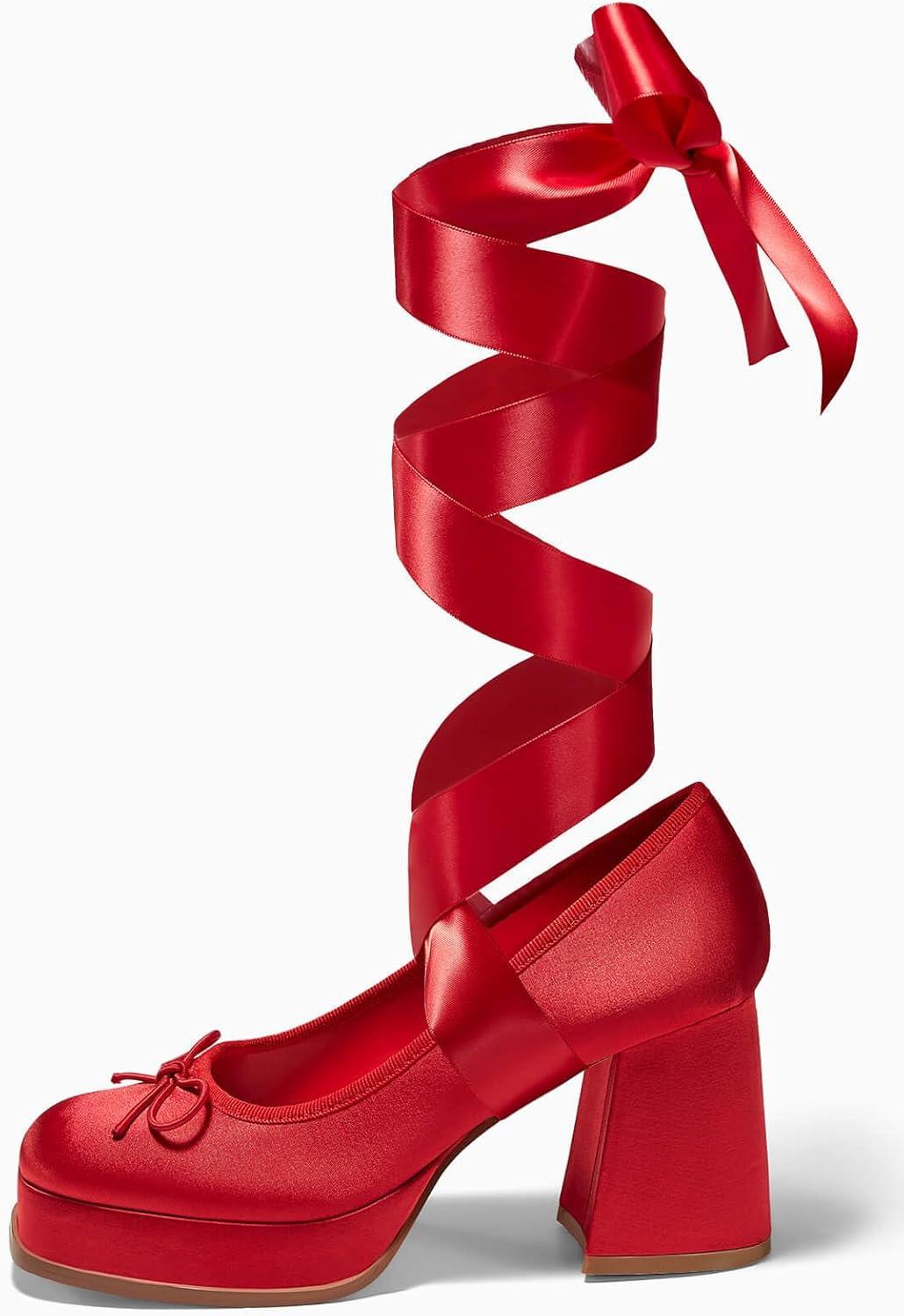 image:imageCoutgo Womens Lace Up Heels Platform Chunky High Heel Pumps Bow Closed Square Toe Party Ballet Dress Shoes Red Size 9