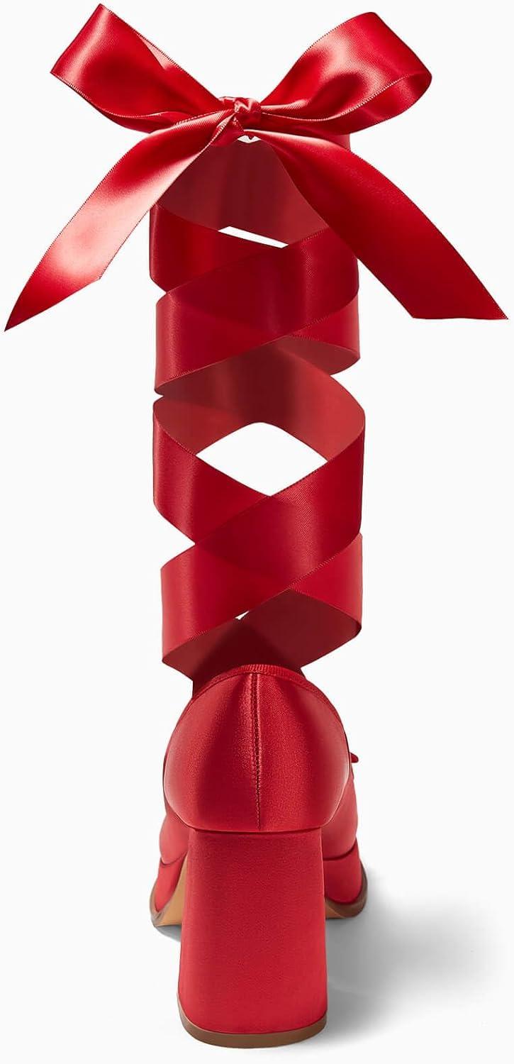 image:imageCoutgo Womens Lace Up Heels Platform Chunky High Heel Pumps Bow Closed Square Toe Party Ballet Dress Shoes Red Size 9