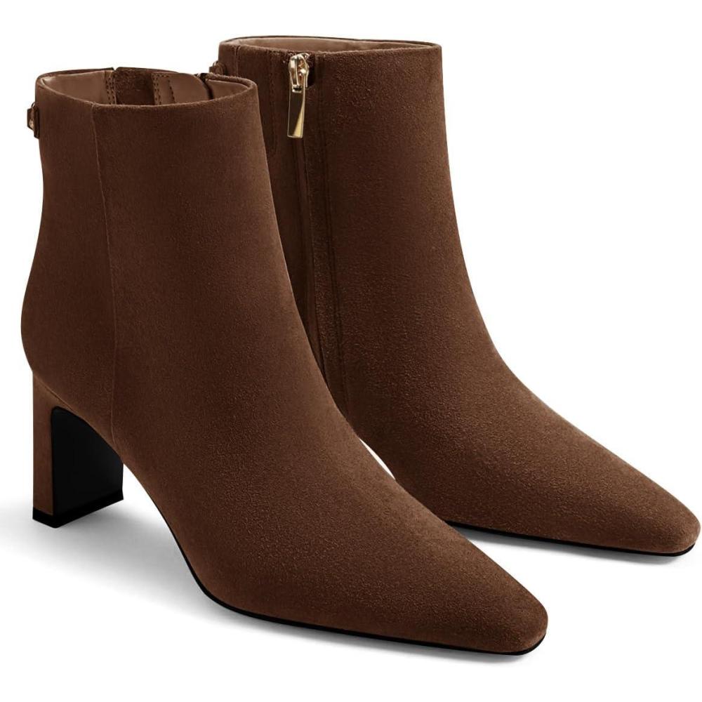 image:imageCoutgo Womens Ankle Boots Chunky Heel Closed Toe Booties Side Zipper Winter Dress ShoesCoffee