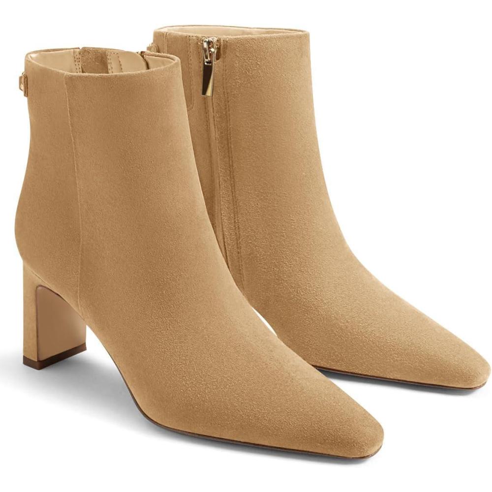 image:imageCoutgo Womens Ankle Boots Chunky Heel Closed Toe Booties Side Zipper Winter Dress ShoesKhaki